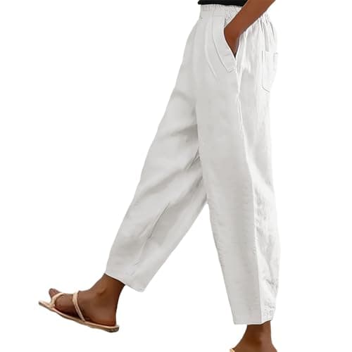 Image of Cotton Linen Trouser Women UK Solid Color Elasticated Waist Trouser Ladies Summer Lounge Pants Loose Fit Full Length Pant Casual Straight Leg Bottoms with Pockets Casual Holiday Beach Joggers White