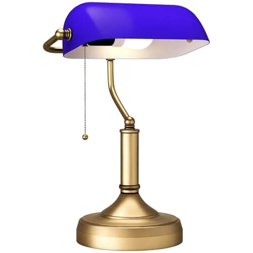 Image of HOMCOM Banker's Table Lamp Desk Lamp with Antique Bronze Tone Base, Blue Glass Shade and Pull Rope Switch for Home Office, Living Room, Bedroom, Dining Room, Blue