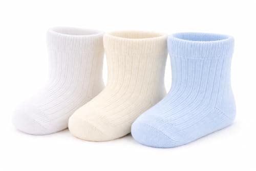 Image of SOHOBABY™ Soft Cute Breathable Cotton Rich Pack Of THREE Baby Boy Plain Coloured Socks (UK, Age, 0 Months, 3 Months, BLUE/WHITE/CREAM)