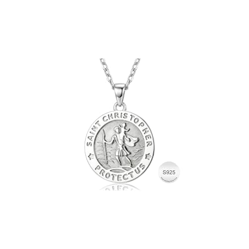 Image of Sllaiss 925 Sterling Silver St Christopher Necklace: St Christopher medal Pendant with Adjustable Chain Catholic Protection Jewellery Religious Travel Amulet for Men Women