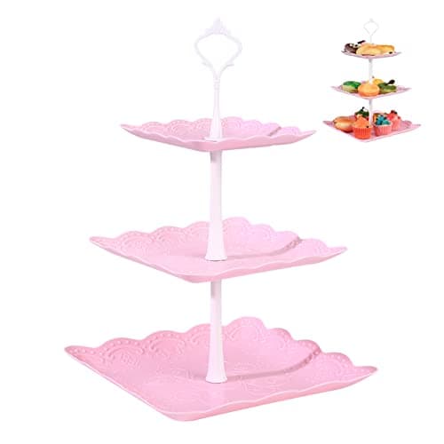 Image of SZJYG 3 Tiers Cake Display Stand, Pink Afternoon Tea Stands, Plastic Square Cup Cake Fruit Dessert Party Server Plates Stands, Reusable Food Serving Platter Stand for Birthday, Wedding, Party