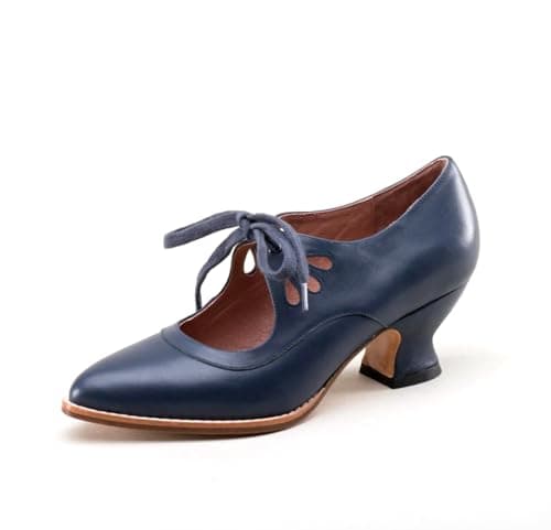 Image of Women's Chunky Kitten Heel Vintage Lace Up Leather Pumps,Ladies Trendy Dressy Casual Court Comfortable Closed Pointed Toe Fancy Holiday Shoe (Navy Blue,6.5)