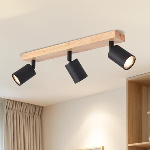 Image of LVWIT Spot Lights Ceiling,GU10 Black Light Shade,3 Way Wood Light Fittings Ceilings,Adjustable Industrial Wall Ceiling Lamp,Ceiling Spotlight Fitting for Living Room(no Including Bulbs)