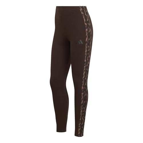 Image of adidas Women's Seasonal Essentials Leopard Print Tights with 3-Stripes, Aurora Coffee/MULTICOLOR, M