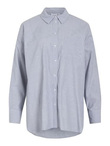 Image of Vila Vidarma L/S Button Shirt-Noos Shirt, Bijou Blue/Stripes: Cloud Dancer, 48 Women, Bijou Blue/Stripes:Cloud Dancer, 16 (XL)