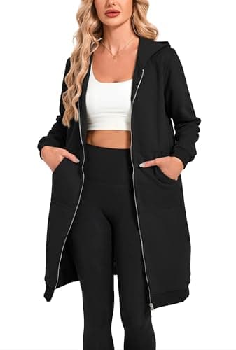 Image of Oyamiki Ladies Hoodie Hooded Black Hoodies Longline Zip Up Loose Oversized Fleece Fall Jacket with Pockets XL