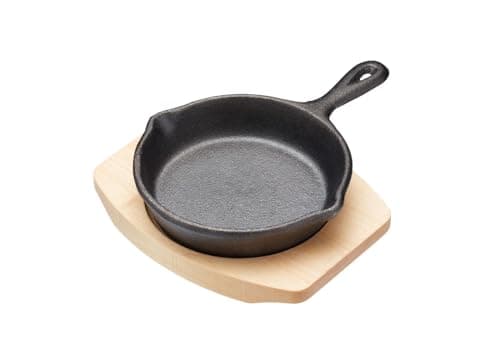 Image of Artesà Small Frying Pan, Cast Iron, Non Stick, with Wooden Serving Board, Grill Pan Sizzle Skillet with Stand, for Fajitas, BBQ, Omelette, Tapas and Desserts, 11cm diameter, Black