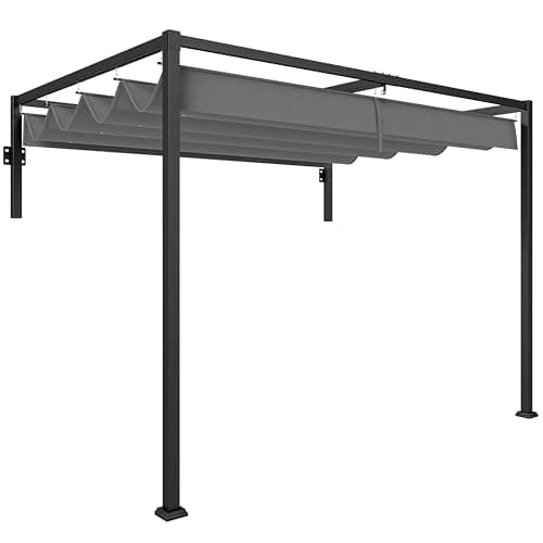 Image of Outsunny 2 x 3(m) Lean To Pergola with Retractable Roof, Wall Mounted Garden Gazebo Outdoor Sun Shade Shelter for Patio, Deck, Dark Grey