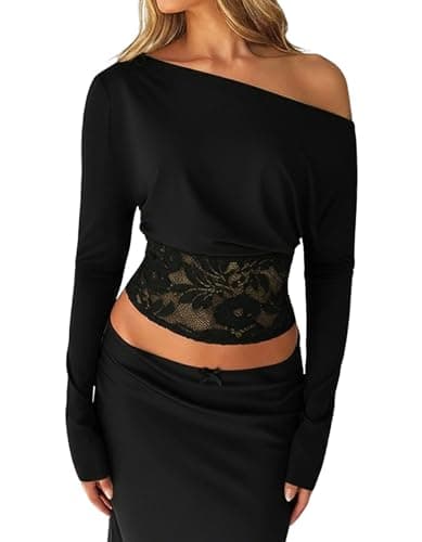 Image of Navneet Women Off The Shoulder Tops Y2K Going Out Tops Lace Cinched Waist Long Sleeve Top Sexy Bardot Top Party Club Black S