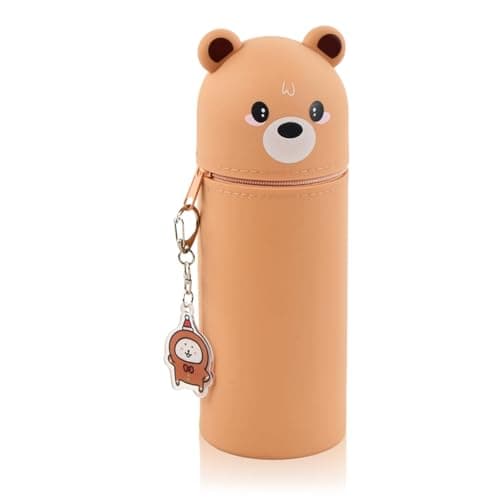 Image of xianynow Silicone Pencil Case, Large Capacity Pencil Case in Bear Shape, Soft Silicone Pen Holder, 2 in 1 Zipper Closure Pencil Holder, Crayon Marker Storage, with Bear Keyring