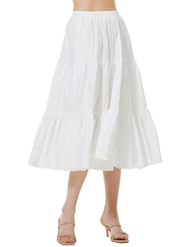 Image of BEAUTELICATE Women's Maxi Tiered Skirt Midi Swing Pure Cotton Vacation Boho Long Stylish Casual Summer Skirt with Lace Trim Lining 2 Pockets(Off White-75cm, S)