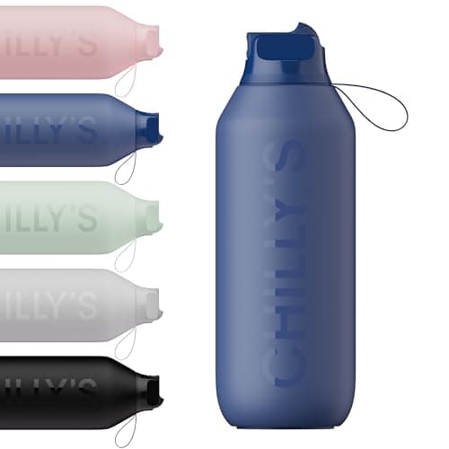Image of Chilly's Series 2 Flip Water Bottle with Sports Lid - Vacuum Insulated Stainless Steel Water Bottle with Straw, Carry Loop, & Cleaning Brush - No Sweat - 500ml - Whale Blue