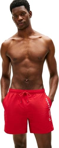 Image of Tommy Hilfiger Men's Medium Drawstring Zip Pocket UM0UM03748 Swim Trunk, RED (Medium Red), M