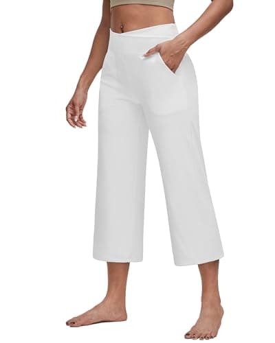 Image of G4Free Wide Leg Capri Yoga Pants for Women UK Tummy Control High Waist Stretchy Cropped Trousers with Pockets Workout 22"(White-D016)