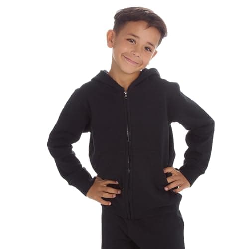 Image of Kids Boys Girls Unisex Hooded Full Zipped Plain Brushed Back Soft Fleece Hoodie (Black, 13)