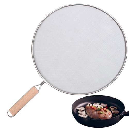 Image of 29Cm Splatter Screen Guard for Frying Pan Stops 99% of Hot Oil Splash Protects Skin from Cooking Iron Skillet, Stainless Steel Grease Splatter Guard with Wooden Handle, Safe Cooking Lid