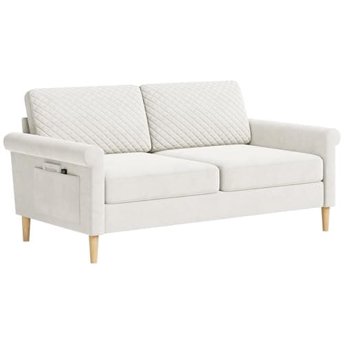 Image of Vesgantti Velvet 2 Seater Sofa, 164cm Loveseat Sofa with Bilateral Pocket Storage, Upholstered Couch Perfect for Living Room, Bedroom, Office, Apartment, Tool-free Assembly, 164L*76D*85Hcm, Cream