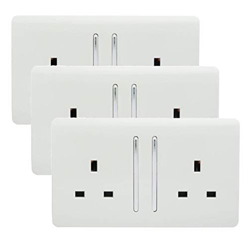 Image of Trendi 2 Gang Artistic Modern Glossy 13 Amp Switched Tactile Plug Socket White (3 Pack)