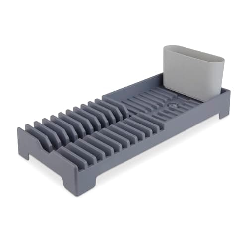 Image of Tower Plastic Dish Drying Rack with Removable Cutlery Holder, Drainage Spout, Sloping Base, Grey, T814001GRY