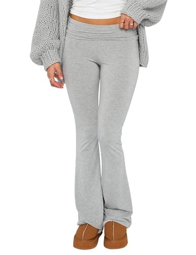 Image of LSFYSZD Women Fold Over Waistband Stretchy Yoga Pants Flared Pants Leggings Bell Bottoms (Light Grey, M)