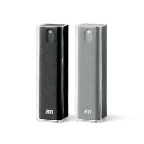 Image of am Screen Cleaner Mist Spray – Includes Harm-Free Liquid with Microfibre Cloth for iPhone 15, iPhone 14, Smartphones, Tablets – Refillable & Eco-Friendly, 2 Pack, Black, Grey