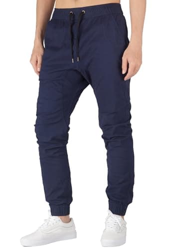Image of ITALY MORN Men Joggers Pants Skinny Chinos Khakis Drop Crotch Pant Casual Harem Trousers Sweatpants Sport Jogging Baggy Cotton Twill, S, Navy Blue