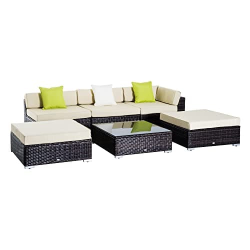 Image of Outsunny 6 Pieces Rattan Garden Furniture Set, 5 Seater Garden Sofa Set with Thickened Cushions, Glass Top Coffee Table and Ottomans, Outdoor Sectional Conservatory Furniture with Pillows, Brown