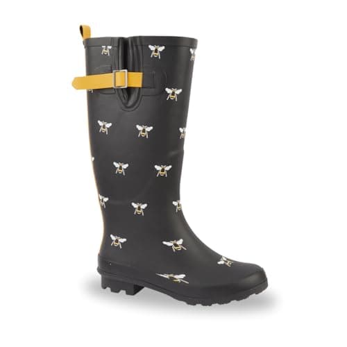 Image of Womens Ladies Wellies Rubber Rain Boots Wellingtons Short & Tall Dog Paw Skull Festival Snow Buckle Adjustable (Black Tall Bumble Bee, UK Footwear Size System, Adult, Women, Numeric, Medium, 7)