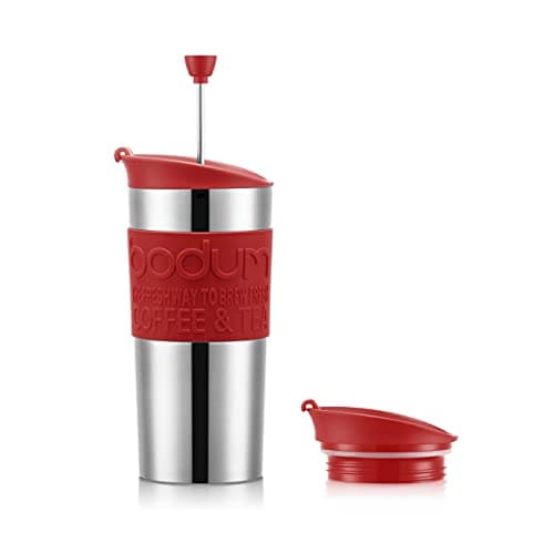 Image of Bodum Travel Press Set K11067-04 Insulated Plunger Mug Double-Walled Stainless Steel with Extra Lid 0.35 L,Red