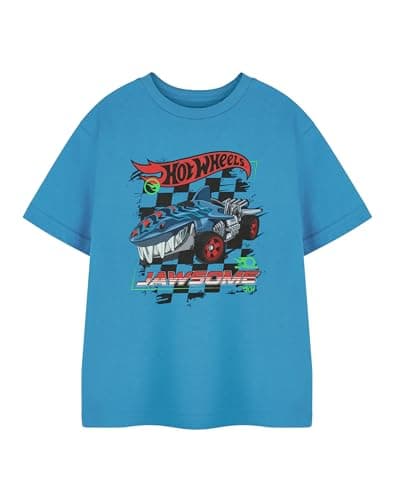 Image of Hot Wheels Jawsome Boys Blue Short Sleeved T-Shirt | Race Car Graphic Tee for Kids Brand Print Top | Boys Summer Clothing Apparel | Cotton Tee for Children