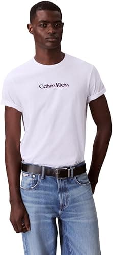 Image of Calvin Klein Men's Short Sleeve Glitched Logo Classic Cotton T-Shirt, White (Brilliant White), XL