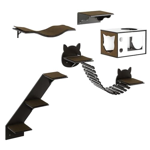 Image of PawHut 5 Piece Cat Wall Shelves, Wall-Mounted Cat Tree for Indoor Use, with Curved Platform, Cat House, Bridge, Stairs, Perch - Brown