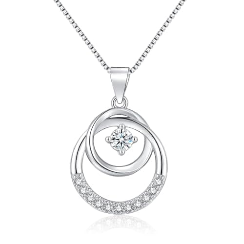 Image of Cangall Silver Necklaces for Women, 925 Sterling Silver Necklaces with Interlock Round Pendant, CZ Double Circles Silver Pendant + 45+ 5cm Silver Chain, Birthday Gifts for Daughter/Mother/Girlfriend