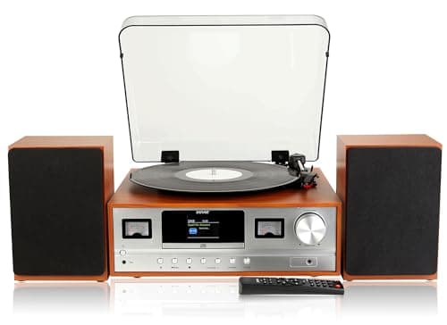 Image of Denver MRD-52 Record Player Hi-Fi System With 2.4-inch Colour Screen - CD Player, DAB/DAB+ & FM Radio, Bluetooth, Aux In, Remote Control, Wooden Body & Speakers – Light Wood