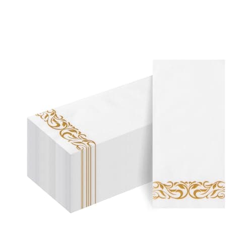 Image of Goodluck 50 PCS Linen Feel Napkins,White and Gold Napkin Disposable,Paper Napkins for Bathroom, Wedding, Party, Birthday, Dinners Events,42x30cm