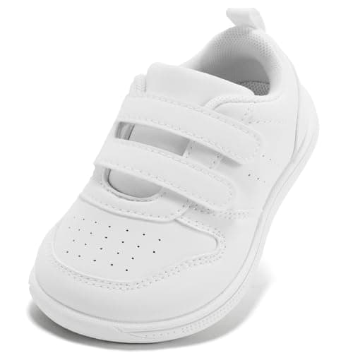 Image of STQ Boys & Girls Trainers Toddler Wide Toe Box Barefoot Shoes School First Walking Baby Infant Lightweight for Football Kid Running Child with Non-Slip Soft Tennis Prewalker Sneakers All White Size 5