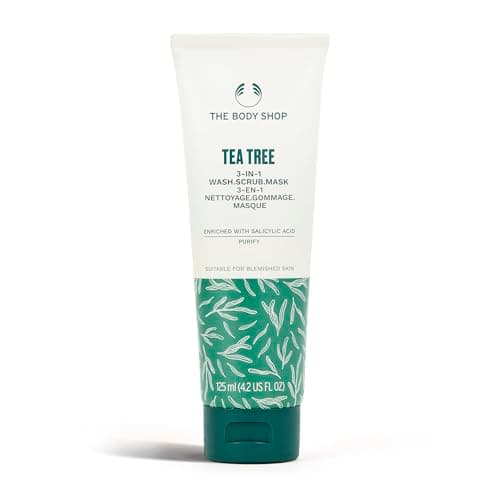 Image of The Body Shop Tea Tree 3-in-1 Wash, Scrub & Mask (1x 125ml), Face Cleanser for Blemished Skin, With Tea Tree Oil & Salicylic Acid, Purifies, Exfoliates & Clarifies, Suitable for Blemished Skin