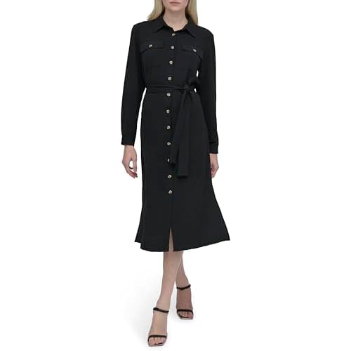 Image of DKNY Womens Long Sleeve Collared Tie Midi Shirtdress, Black, 10
