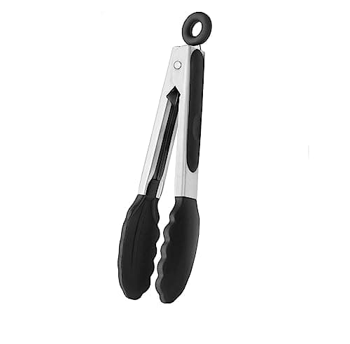 Image of Kitchen Tongs Set of “9” Premium Stainless Steel Cooking Tongs Non Stick and Heat Resistant Handle, Silicone Tongs for Cooking Serving Frying and Cooking-Black (27cm)
