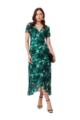 Image of Izabel London Floral Semi Sheer Frilled Hem Maxi Dress for Women UK with a v-Neck, Angel Sleeves and a wrap fit. Green