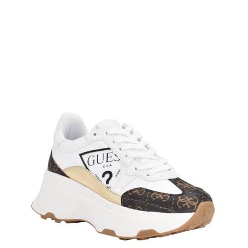 Image of GUESS Women's Calebb3 Sneaker, White/Brown Multi, 6 UK