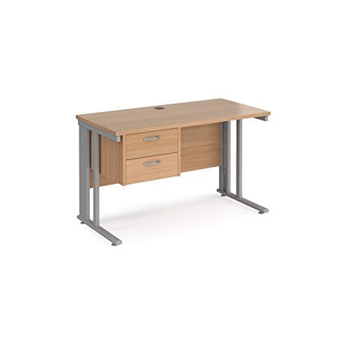 Image of Mr Office Maestro 25 straight desk 600mm deep with 2 drawer pedestal - silver cable managed leg, 1200, Beech