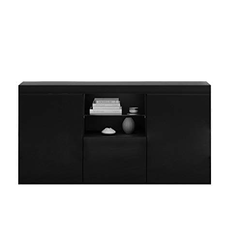 Image of Panana Modern Hight Gloss Front Livingroom Cabinet with 3 Door, RBG LED Cupboard Sideboard Display Storage TV Unit Stand (Black)