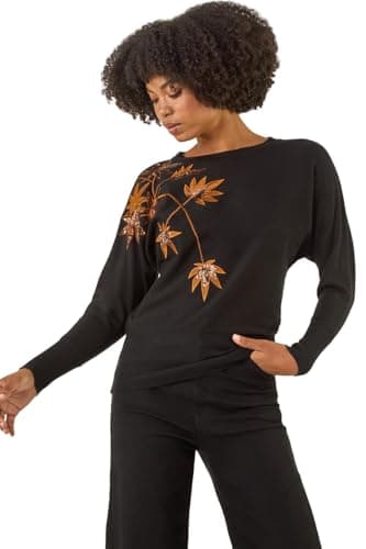 Image of Roman Originals Women Diamante Embellished Jumper Ladies Sparkly Sequin Sweater Batwing Autumn Winter Knit Knitwear Glittery Shiny Casual Evening Going Out Party - Noir Gold - Size 20