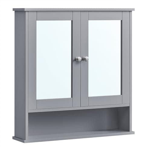 Image of VASAGLE Bathroom Cabinet with Mirror, Wall Cabinet with 2 Mirrored Doors and Open Compartment, Adjustable Shelf, Wall-Mounted, 13 x 56.5 x 58.5 cm, Dove Grey LHC002G02