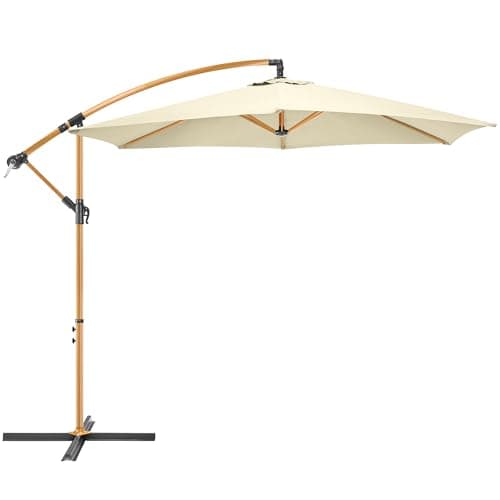 Image of CHRISTOW Banana Parasol 3m – Cream, Steel Frame with Wood Effect Finish, Large Cantilever-Style Umbrella for Garden Patio, Overhanging Canopy, UPF30+ UV Protection, Crank Handle & Locking Lever