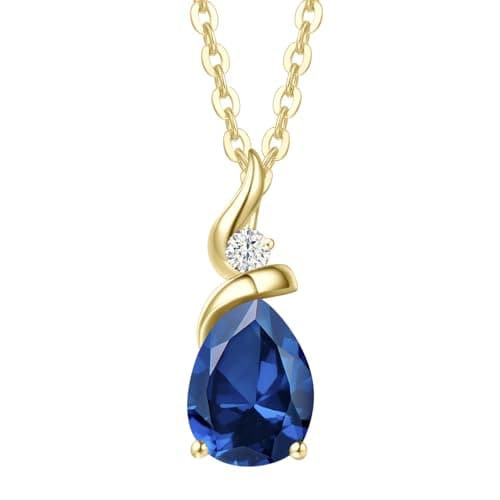 Image of FANCIME 14ct Solid Yellow Gold Teardrop Blue Topaz Necklace, 0.04 Ct Diamond Gemstone Birthstone Pendant Necklace with Sterling Silver Chain, Fine Jewellery Birthday Gift for Women Her Mum