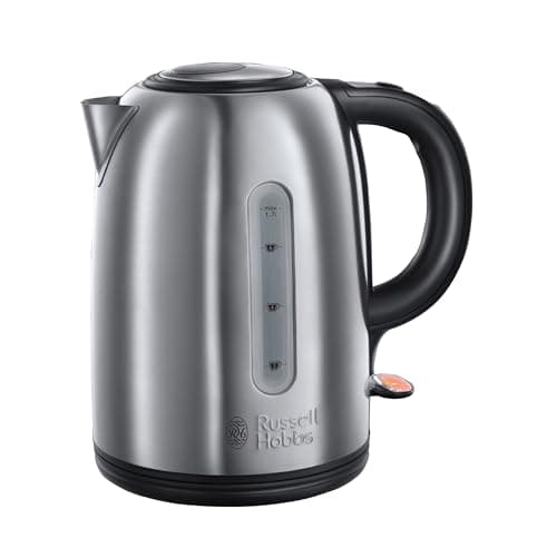 Image of Russell Hobbs Brushed Stainless Steel & Black Electric 1.7L Cordless Kettle (Fast Boil 3KW, Removable Washable Anti-Scale Filter, Push to Open lid, Perfect Pour spout) 20441