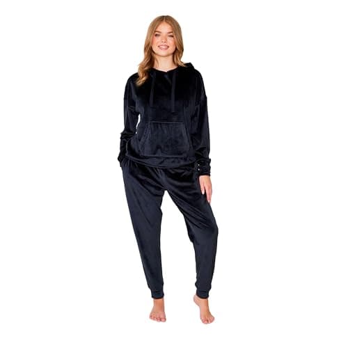 Image of TURTLE Women’s Black Hooded Fleece Pyjamas Set – Fluffy Velour Loungewear Tracksuit, Soft Warm Hoodie & Joggers, Cosy Winter Nightwear (L = UK 16-18)