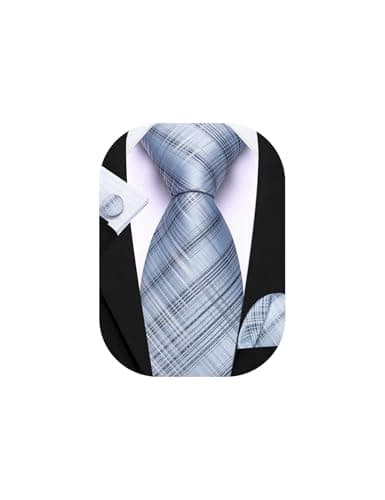 Image of Barry.Wang Light Blue Tie Men's Silk Stripe Tartan Necktie Pocket Square Cufflinks Sets Formal Wedding
